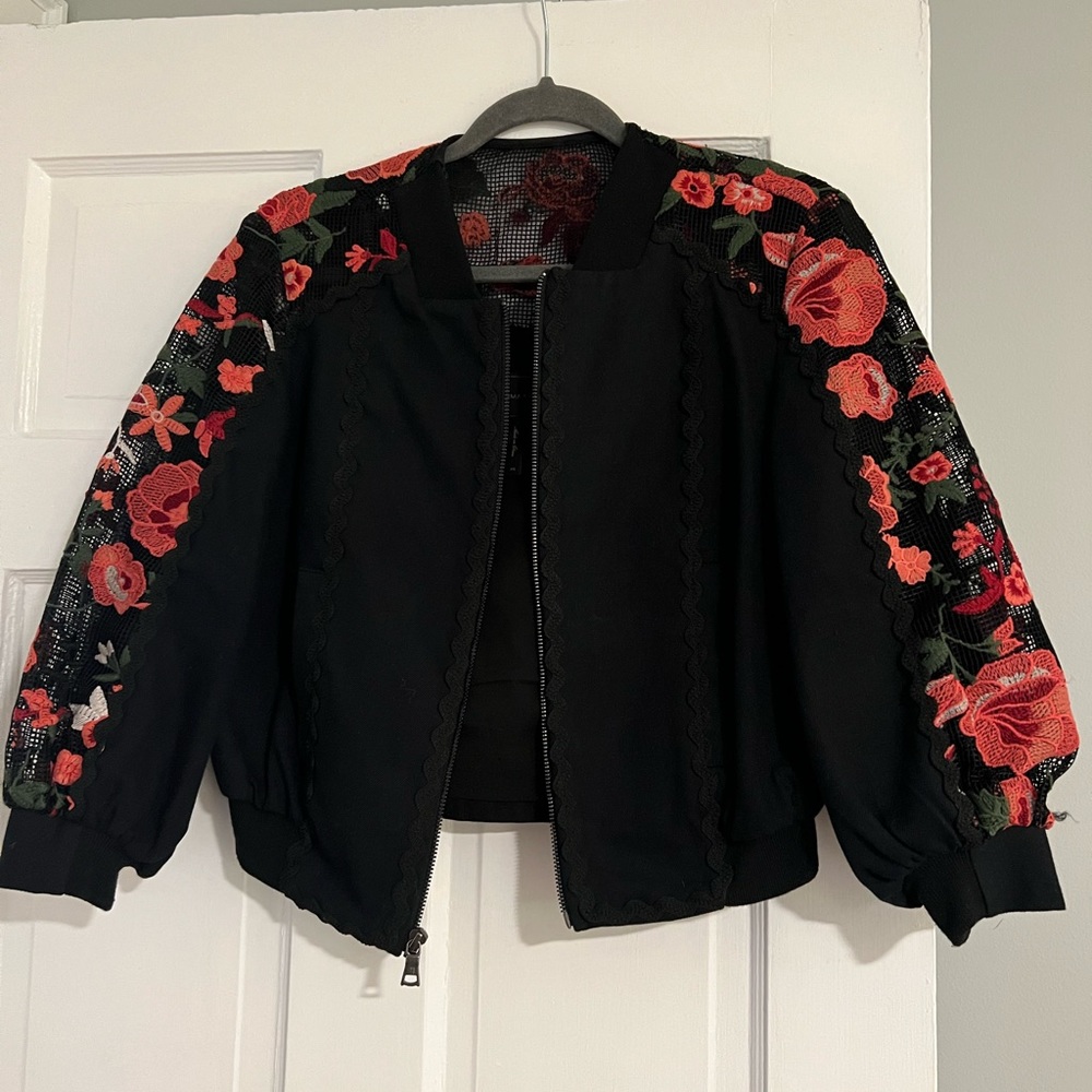 BCBG black and pink flower bomber jacket